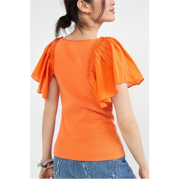 MAEVE Anthropologie Orange Flutter Sleeve Ribbed V-Neck Top - Picture 2 of 4